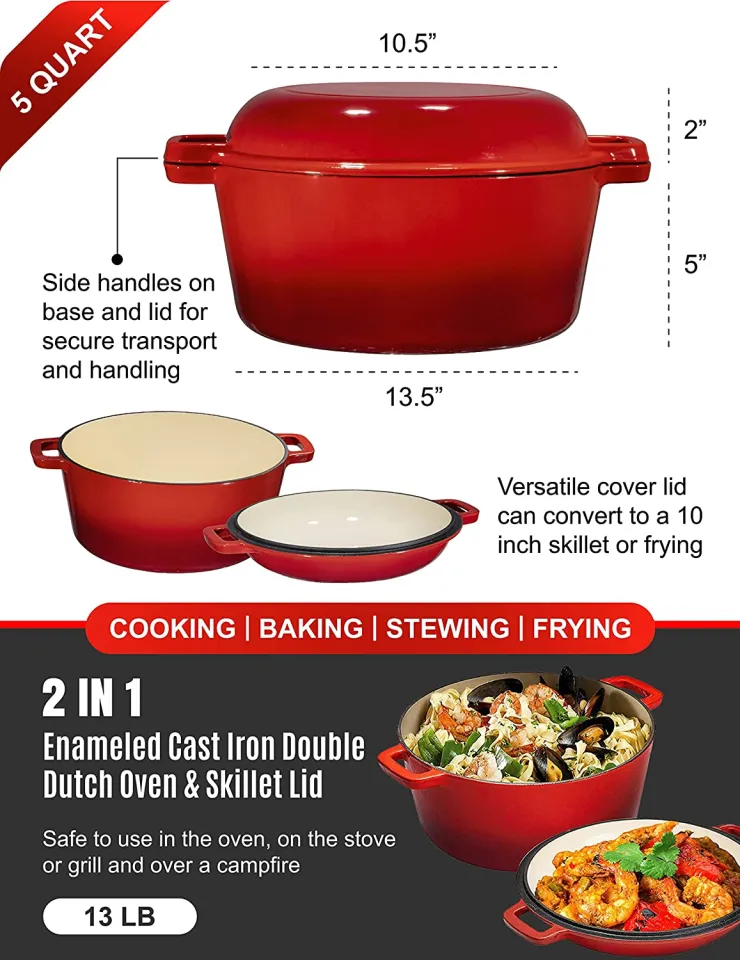 2 In 1 Enameled Cast Iron Double Dutch Oven & Skillet Lid, 5-Quart, Fire  Red - I