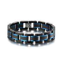 Handmade Jewelry Design Men Solid Carbon Fiber 15mm Wide Stainless Steel Blue Black Contrast 3 Row celet Chain Extend Clasp