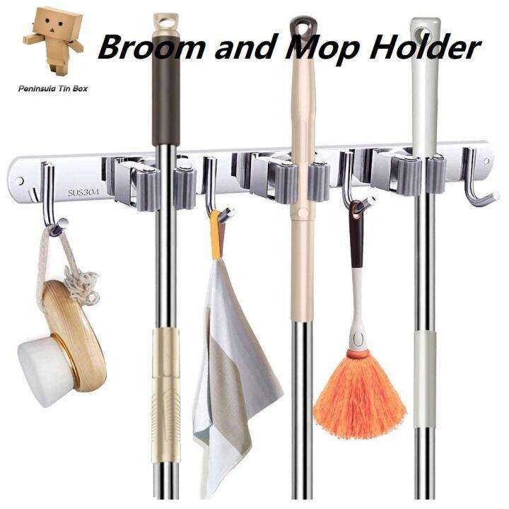 Broom and Mop Holder Wall Mount Heavy Duty with 3 Racks 4 Hooks Mop and