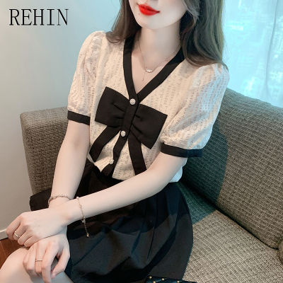 REHIN เสื้อผู้หญิงคอวีแขนโบว์ลูกไม้ฉบับภาษาเกาหลีหรูหรา,เสื้อผู้หญิงแขนสั้น