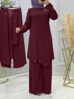 ZANZEA Women Ramadan Muslim Matching Sets 2PCS Vintage Sequin Long Sleeve Blouse Pants Suits Fashion Dubai Turkey Islamic Cloth