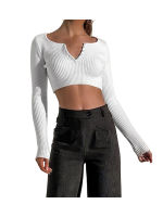 ผู้หญิงสีทึบถัก Ribbed รอบคอแขนยาวเสื้อยืดฤดูใบไม้ผลิ Slim Fit ปุ่มแฟชั่น Crop Tops Streetwear