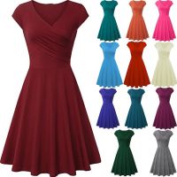 Casual Womens Solid Color Summer Slim Swing Dress 2021 Sexy Plus Size Office Versatile Mini Dress Retro V-Neck Beach Dresses