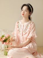 ✠⊕✉ Miandao new short-sleeved nightdress womens summer double-layer cotton gauze thin section Japanese sweet embroidery home skirt