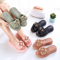 nuengg_shoes Midsummer รองเท้าส้นตึก แบบสวม รองเท้าแฟชั่นผู้หญิง พื้นยางแต่งโบว์ด้านบน สีพื้น ส้นหนา #sy127