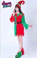 ราคาพิเศษแฟนซีคอสตูมวันคริสมาสต์เอลฟ์ของผู้ใหญ่ Costume elf Christmas ผ้ากำมะหยี่เกรดดีสวมสบาย เป็นเดรสสั้นมาพร้อมเข็มขัดหมวกรองเท้า