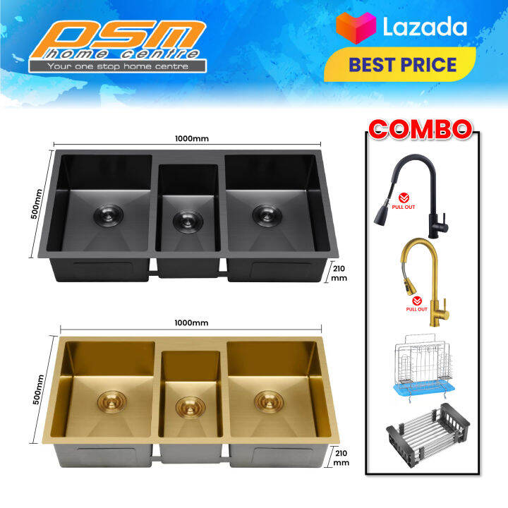 NANO Stainless Steel 304 Material NANO Black / Gold UnderMounted Triple