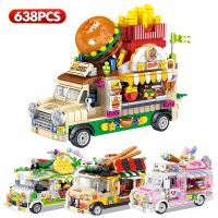 New City Street View Ice Cream Car Food Shop Mini Building Blocks Camping Vehicle Friends Bricks DIY Toys for Children Girls Building Sets