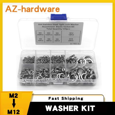 530PCS 304 Stainless Steel Spring Washer Kit M2 M3 M4 M5 M6 M8 M10 M12 Split Lock Washer Assortment Elastic Gasket Kit