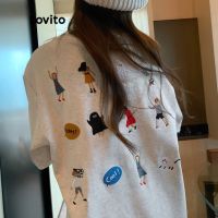 【COD】Lovito เสื้อยืดลำลอง แขนสั้น ปักลายการ์ตูน สำหรับผู้หญิง LNA06194 (สีเทาอ่อน)