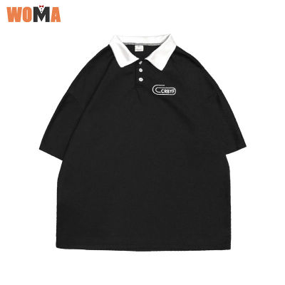 WOMA เสื้อโปโลผู้ชาย แขนสั้น สีพื้น หลวม ดำขาว สไตล์นักเรียน โปโล