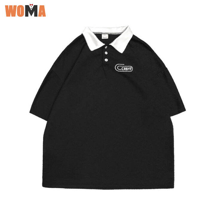 woma-เสื้อโปโลผู้ชาย-แขนสั้น-สีพื้น-หลวม-ดำขาว-สไตล์นักเรียน-โปโล