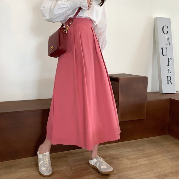 กระโปรงผู้หญิงเกาหลีสไตล์เอวสูง-a-line-กระโปรงมีจีบหญิง2023ฤดูร้อนใหม่แฟชั่นสบายๆขนาดใหญ่เสื้อผ้าสตรี