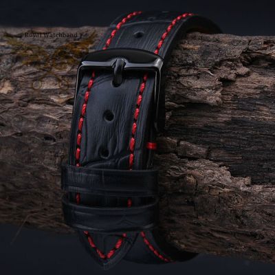 18mm 19mm 20mm 21mm 22mm 23mm 24mm NEW Mens High quality Genuine Leather Black Croco Grain Red Stitch Watch Band Strap