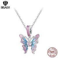 BISAER 925 Sterling Silver Pink Butterfly Pendant Necklace Egradient Enamel Plated Platinuma Ajustable Chain Women Fine Jewelry