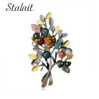 Women Retro Natural Stones Tree Brooches Pearl Stone Leaf Big Brooch Jewelry Accessories Clothing Wholesale New Arrival