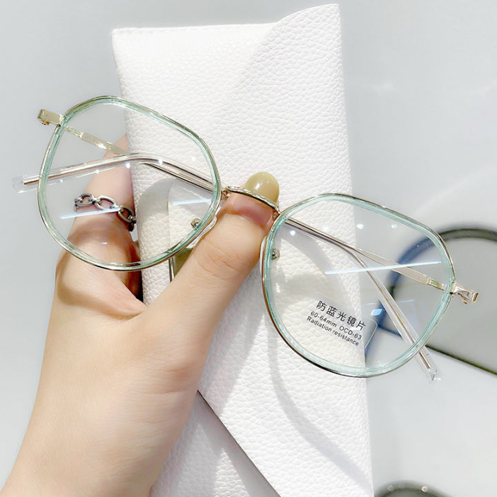 แว่นตาผู้หญิงกันแสงสีฟ้าฉบับภาษาเกาหลีแว่นตาแฟชั่นเฟรมขนาดใหญ่แบนแว่นตากรอบโลหะ