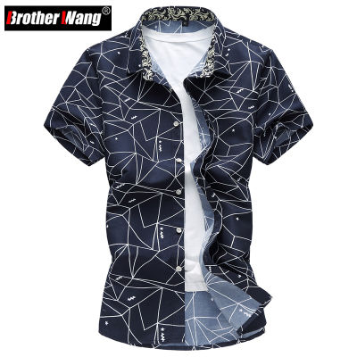 Summer New Men Shirt Fashion Plaid Printing Male Casual Short Sleeve Shirt Large Size nd Mens Clothing 5XL 6XL 7XL