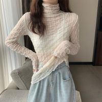 ❖▧ 2022 New Mesh T Shirts Tees Female Transparent Sleeve Turtleneck Thin