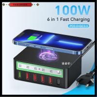 FAHEEMIDEN 100W ยูเอสบี อะแดปเตอร์ชาร์จ QC PD 6พอร์ตค่ะ แหล่งจ่ายไฟฟ้า สากลสากลสากล แบบพกพาได้ สถานีชาร์จเร็ว สำหรับ IPhone 14 13 12/Samsung/Huawei สำหรับ iPhone 14 13 12