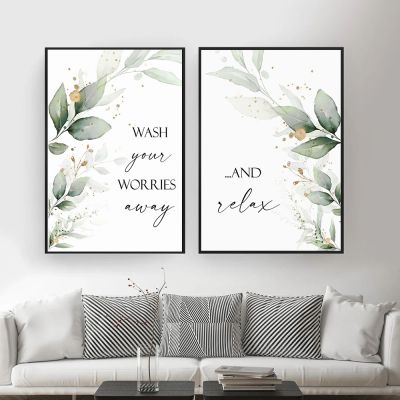 Bathroom Poster HD Print Canvas Painting Botanical Tropical Leaves Wash Your Worries Away And Relax Quote Wall Art Picture Decor