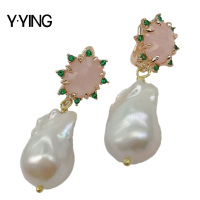 Y·YING natural Cultured White Keshi Pearl Rose Quartzs pave stud Earrings cute style for women