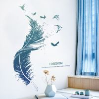 Creative Blue Feather Wall Stickers Living Room Background for Home Decoration Bedroom Study Wallpaper Beautify Decor Stickers Wall Stickers  Decals