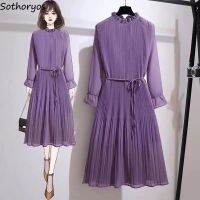 Plus Size Long Sleeve Dress Women Pleated A-line Sashes Elegant Young Fashion Chiffon M-4XL Solid Office Ladies Fall Ruched Ins