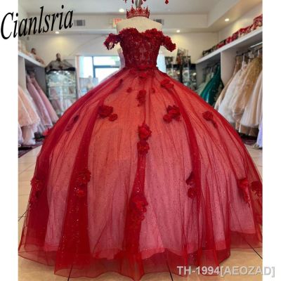 ☢ AEOZAD Vestidos artesanais Quinceanera vermelhos com apliques 3D vestidos de baile querida 15 anos