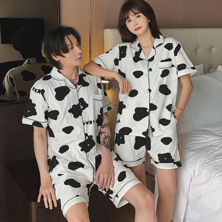 summer-100-cotton-couples-short-sleeve-pajama-sets-for-women-cute-cartoon-cow-shorts-sleepwear-pyjama-men-homewear-clothes