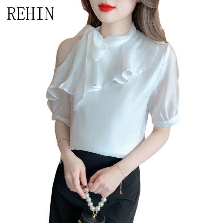 rehin-เสื้อสไตล์เกาหลีแบบใหม่คอกลมแขนสั้นผู้หญิง-เสื้อลำลองเสื้อชีฟองเสื้อสวมศีรษะสีหวานฤดูร้อน