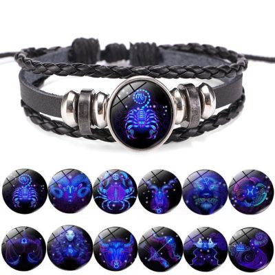 12 Constellation Zodiac Sign Charm Luminous Bracelets Men Women Vintage Multilayer Wrap Leather Bracelet &amp; Bangle Birthday Gift