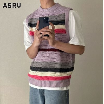 ASRV เสื้อกั๊กชาย เสื้อกั๊กผู้ชาย vest for men เสื้อสเวตเตอร์แขนกุดเสื้อคอกว้างของผู้ชายเสื้อถักแฟชั่นใหม่