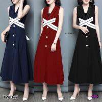 P8127 เดรสยาวแขนกุด ติดกระดุมหน้าเย็บแต่งสายกากบาท  Long sleeveless dress, buttoned front, sewn with cross straps.