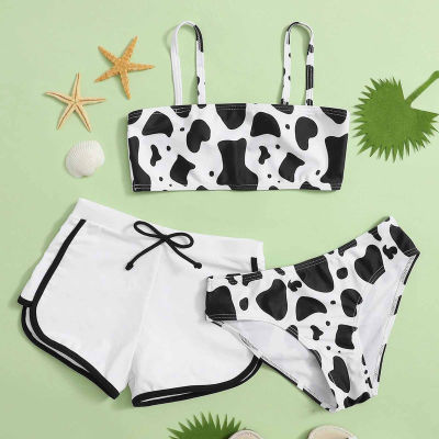 Swimsuit for kids girls Girls Summer Cute Crisscross Back Cow Floral Print Three-Piece Swimsuit