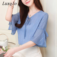 Luxqlo เสื้อคอวีผู้หญิงแขนสั้นผ้าชีฟองลำลองทรงหลวมเสื้อผู้หญิงแฟชั่นใหม่