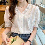 AFEG Korean style ins style solid color v-neck short-sleeved lace top