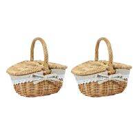 2X Handmade Wicker Basket with Handle, Wicker Camping Picnic Basket with Double Lids with Cloth Lining