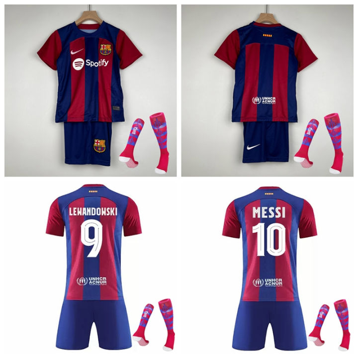 2023-24 Barcelona Home Football Kids Jersey Kits Messi Lewandowski Sports  Shirts Sets For Child With Socks