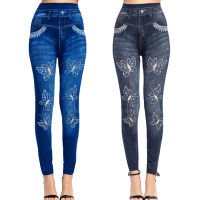 【cw】Women 2020 Imitation Distressed Denim Jeans Leggings Casual High Waist Slim Elastic Pencil Pants