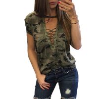 Camouflage Print Women Long Sleeve Slim Top Fashion V Neck Lace up Ladies Sexy Tee shirt Femme Army Style Casual Blouse elegant