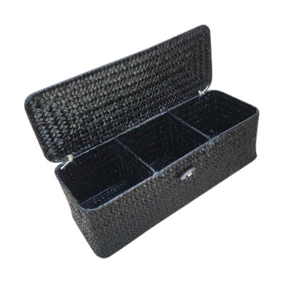 3 Compartment Storage Box Wicker Rattan Basket with Cover Sundries Holder Case Container Desktop Organizer