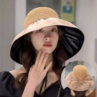 【CW】Summer Women Bucket Hat UV Protection Sun Hats Solid Color Soft Folding Wide Brim Outdoor Beach Panama Cap tail Caps