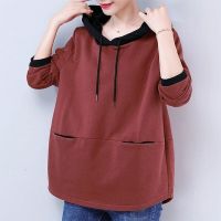 No Plush Fashion Spring Autumn Patchwork Double Pockets Hoodies Korean Drawstring Solid Color Long Sleeve Womens Sweatshirts