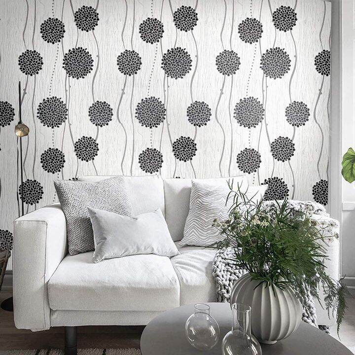 Birwall Elegant Metalic Black White Floral Silver Gray Stripes Peel and