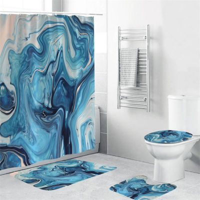 4pcsset Marbling Printed Bathroom Waterproof Shower Curtain Toilet Seat Cover Mat Non-Slip Carpet Bathroom Rug Toilet Mat