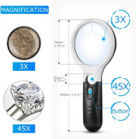 แว่นขยาย Magnifier 3 LED Light, 3X 45X Handheld Magnifier Reading Magnifying Glass illuminated Loupe Lens Super High Clarity Lighted for Books Maps,jewelry, Watch Repair