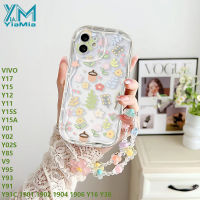 YiaMia เคสโทรศัพท์สำหรับหญิงสาวน่ารักแท้แฟชั่นสำหรับ Y11 Y15 VIVO Y17 Y12 Y91 Y15S Y15A Y01 Y02 Y02S Y85 V9 Y95 Y93 Y91C 1902 1904ดอกไม้และพืชที่สร้างสรรค์ฝาหลังโปร่งใสทำจาก TPU นิ่มพร้อมสร้อยข้อมือ