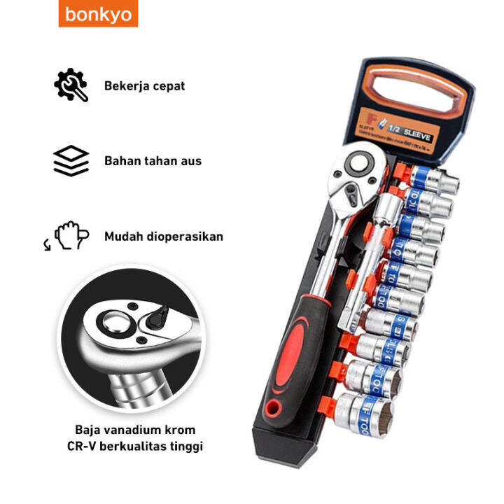 Bonkyo 12 Pcs Box Socket Spanner Set With Ratchet Handle And Extension