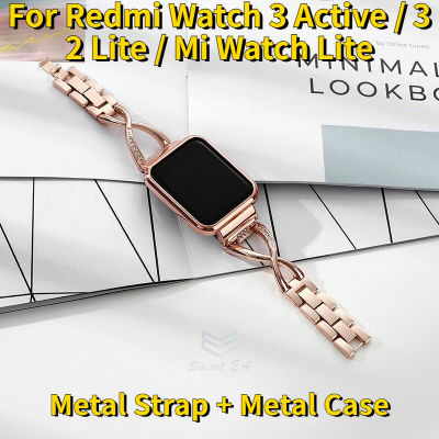 สายรัดพร้อมเคสสำหรับ Redmi Watch 3 Active Strap / Redmi Watch 3 2 Lite Strap / Mi Watch Lite Strap Metal Stainless Steel Diamond Replacement Strap Redmi 3 Global Version Watchband